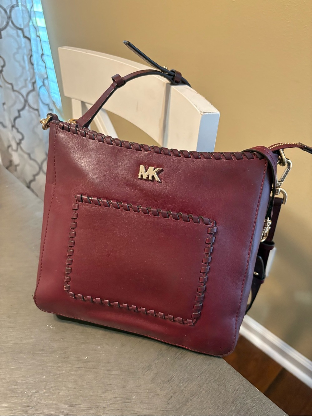 Michael Kors Wine Leather Crossbody with Whipstitch Trim. Great condition.